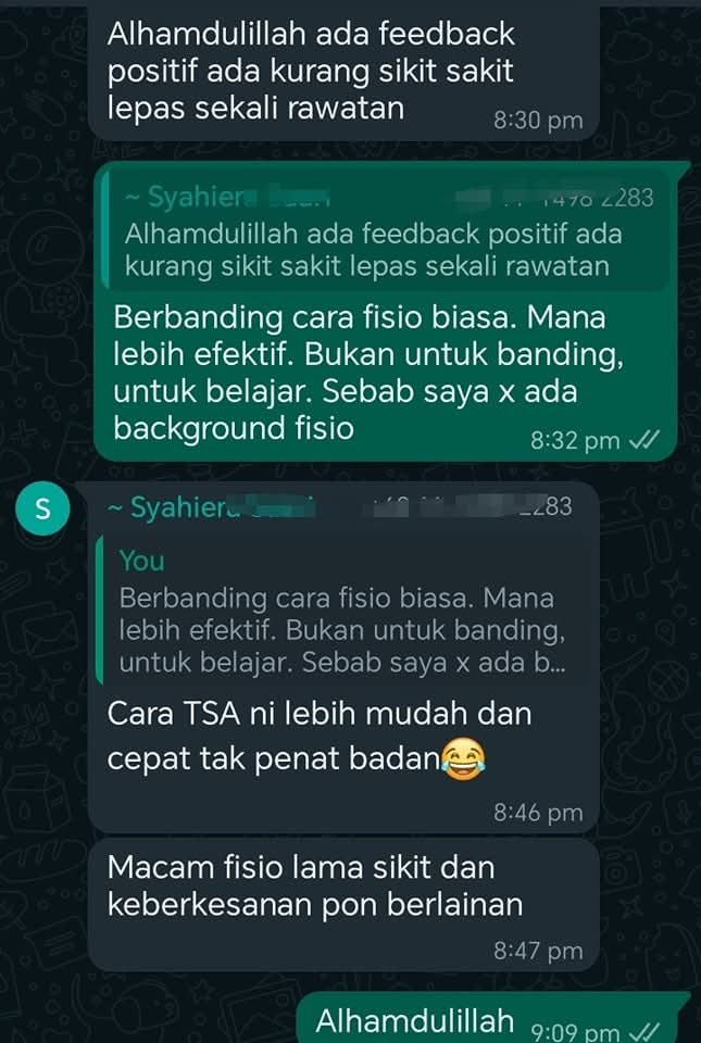 Testimoni Syahiera - TSA lebih efektif dari fisio